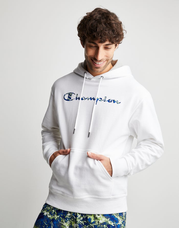 Champion Mens Hoodie NZ - Powerblend Fleece Chasing Waves White ( 0594-ZUDNO )